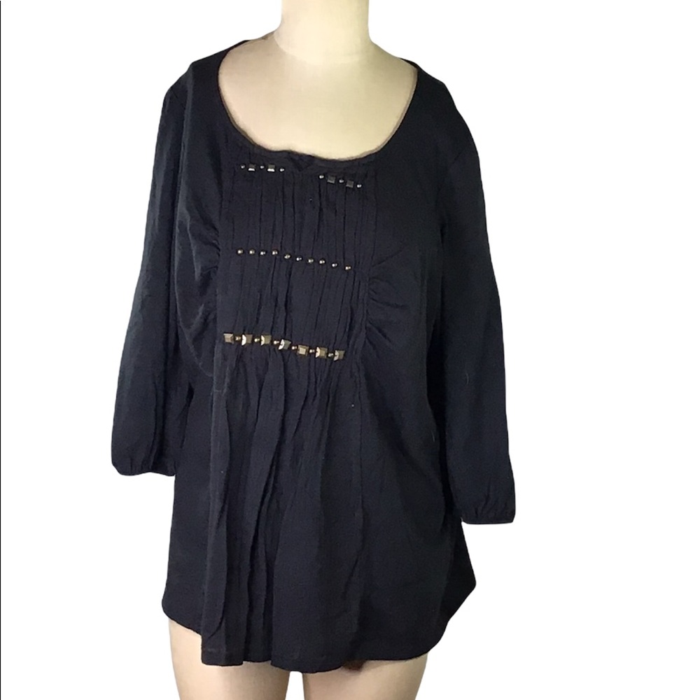 Just My Size Pleated Boho Top – Black & Gold Embellished Blouse (2X)